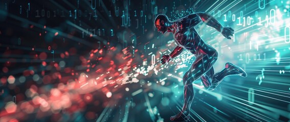 Abstract digital background with a wireframe humanoid figure in motion, surrounded glowing data streams and binary code, representing the fusion of human sportsmen's