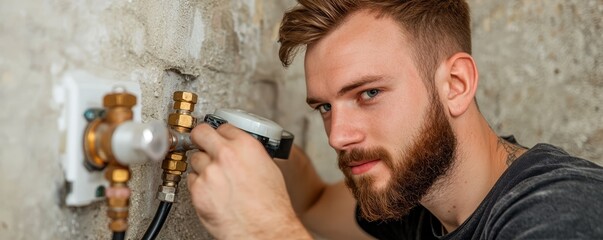 A professional plumber installing a new water heater, connecting the pipes and adjusting the valves while ensuring the system runs efficiently.