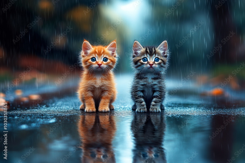 Poster two kittens standing on wet pavement after rain reflections in puddles creating a serene moody atmos