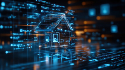 futuristic smart home design illuminated by digital elements, showcasing advanced technology and connectivity. This innovative concept represents future of living spaces