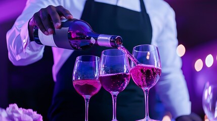 A professional waiter in a white shirt and black apron, pouring wine into glasses at a formal dining event, with a calm and attentive demeanor.
