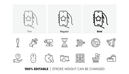 Protection shield, Champagne glass and Time hourglass line icons. Pack of Timer, Judge hammer, Favorite app icon. Shield, Swipe up, Door pictogram. Gifts, Recovery devices, Target. Line icons. Vector