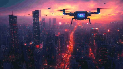Naklejka premium A futuristic cityscape where AI-driven drones and autonomous vehicles navigate the streets