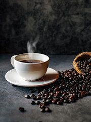 Americano coffee cup and roasted coffee beans falling in a burlap sackon gray background, Black coffee cup aromatic