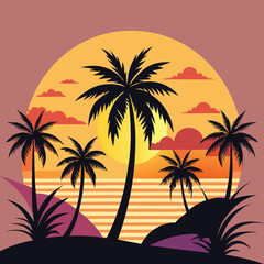 A cartoon of palm trees and a sunset in the background.