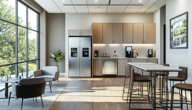 Spacious office breakroom featuring modern amenities like a refrigerator and coffee maker, rendered in 3D