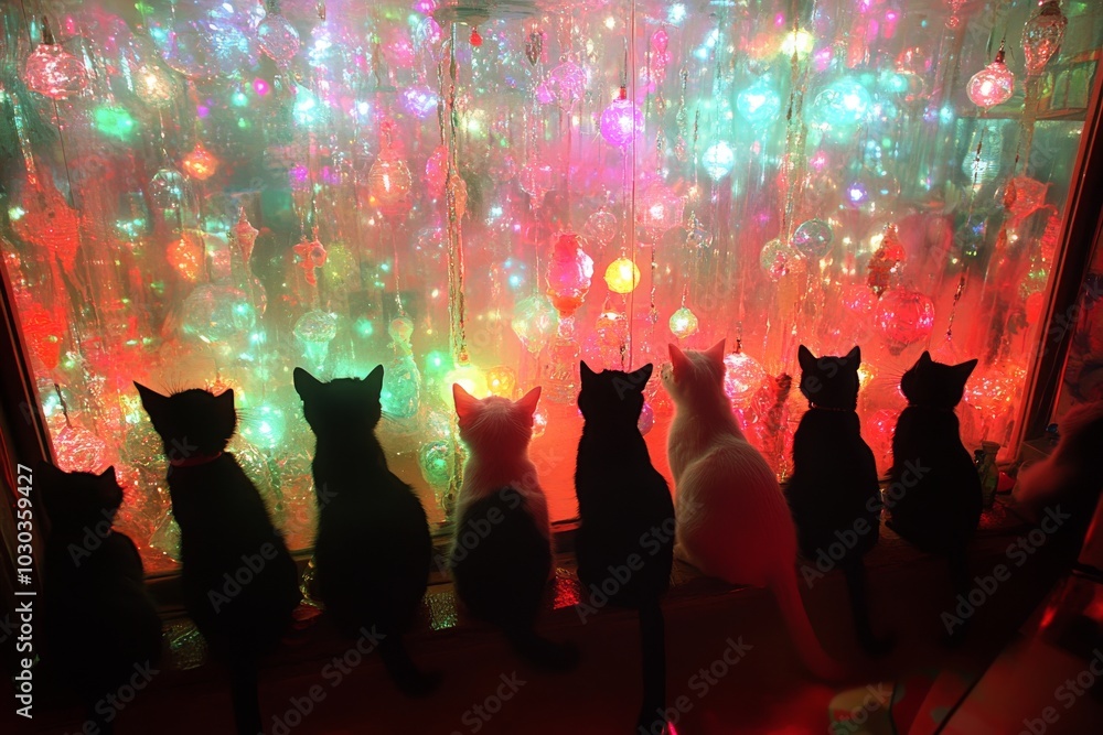 Poster silhouetted cats sitting in a row in front of a colorful glowing curtain creating a festive atmosphe