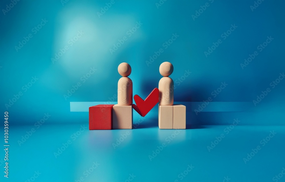 Poster two wooden figures stand on blocks facing each other. a red check mark sits between them.