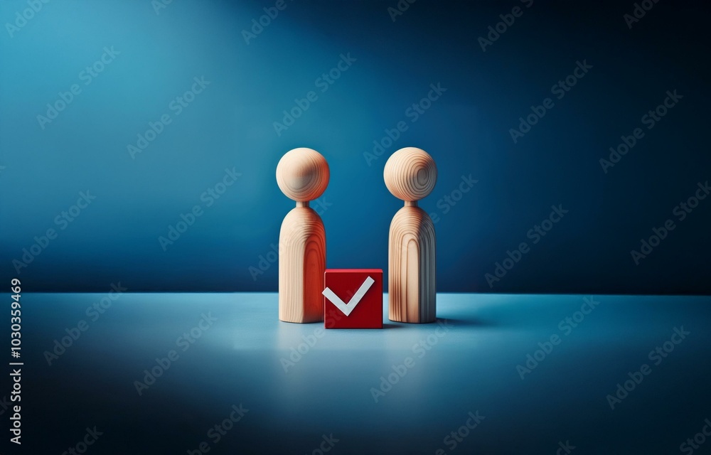 Aufkleber two wooden figures stand on a blue surface with a red block containing a white checkmark in between 