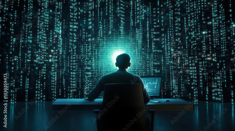 Poster hacker in dark room is focused on wall of encrypted data, surrounded by glowing digital code. atmosp