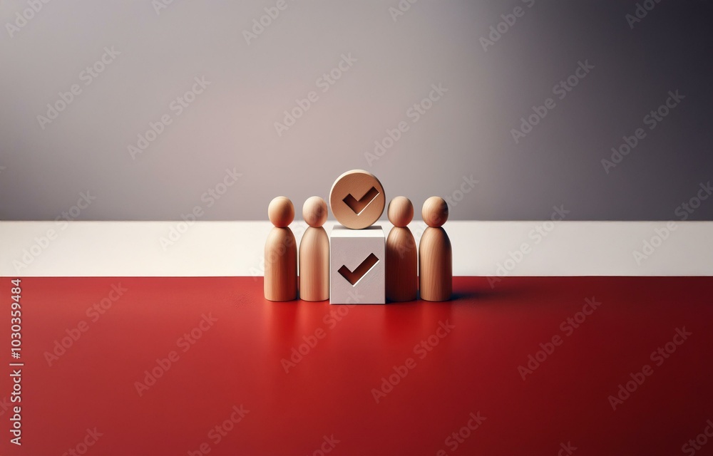 Poster wooden figures stand in front of a white block with a checkmark.