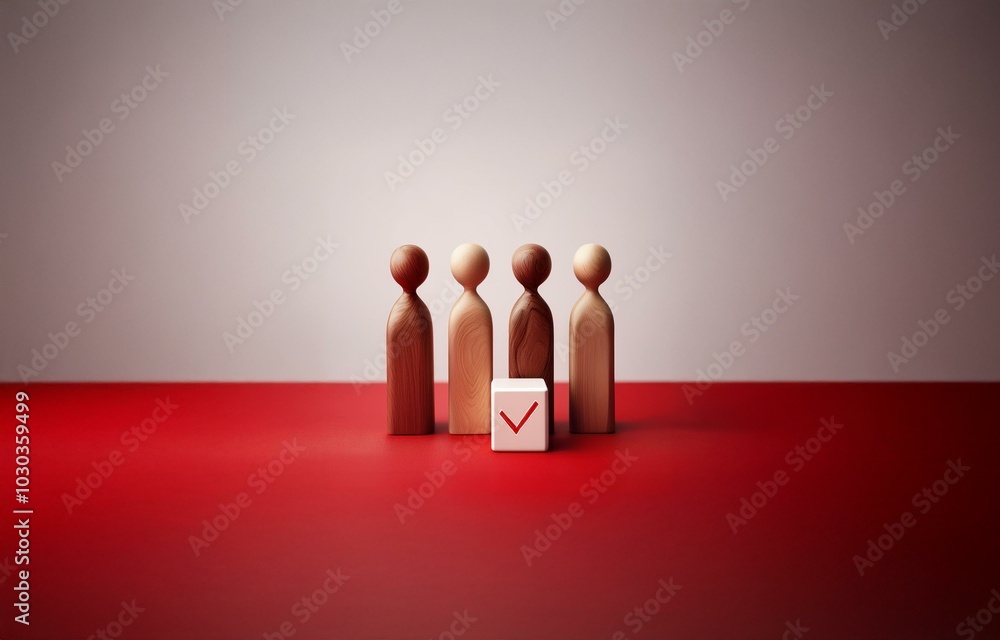 Poster four wooden figures stand on a red surface, a single white cube with a red checkmark sits in front o