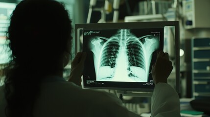 Doctor carefully examines X-ray film of patient's lungs, identifying COVID-19 complications, with medical instruments and charts in the background.