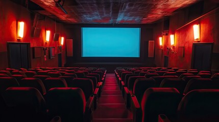 Empty movie theater with red seats. Use for movie promotion, film reviews, or articles about the cinema.