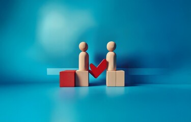 Two wooden figures stand on blocks facing each other. A red check mark sits between them.