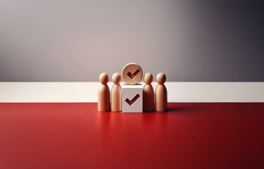 Wooden figures stand in front of a white block with a checkmark.