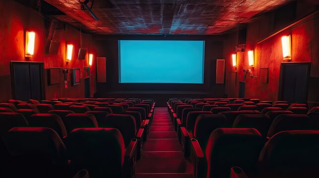 Empty movie theater with red seats. Use for movie promotion, film reviews, or articles about the cinema.
