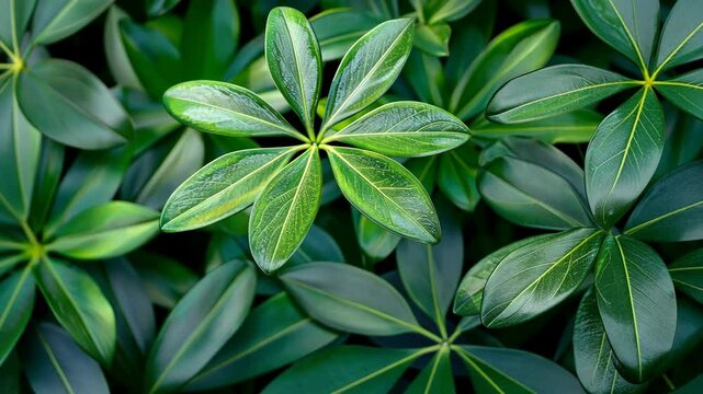 Green leaves of a schefflera plant growing in a garden