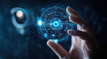 hand holding glowing privacy shield, symbolizing protection and security in digital age. vibrant blue light represents advanced technology and innovation