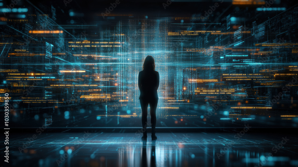 Poster human figure stands in front of digital mirror, surrounded by glowing data streams and futuristic vi