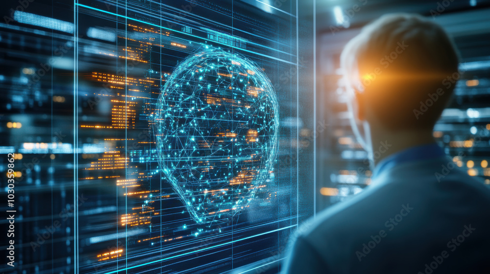 Poster human figure stands in front of digital mirror displaying holographic head filled with data and conn