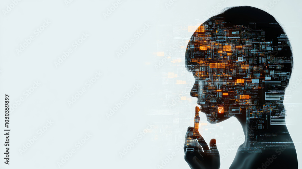 Poster human silhouette with layers of digital data and technology, symbolizing privacy and information. im