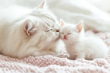 Obraz premium White mother cat and her kitten snuggled together on a soft blanket creating a serene nurturing moment that reflects the deep bond between mother and child in a cozy indoor setting