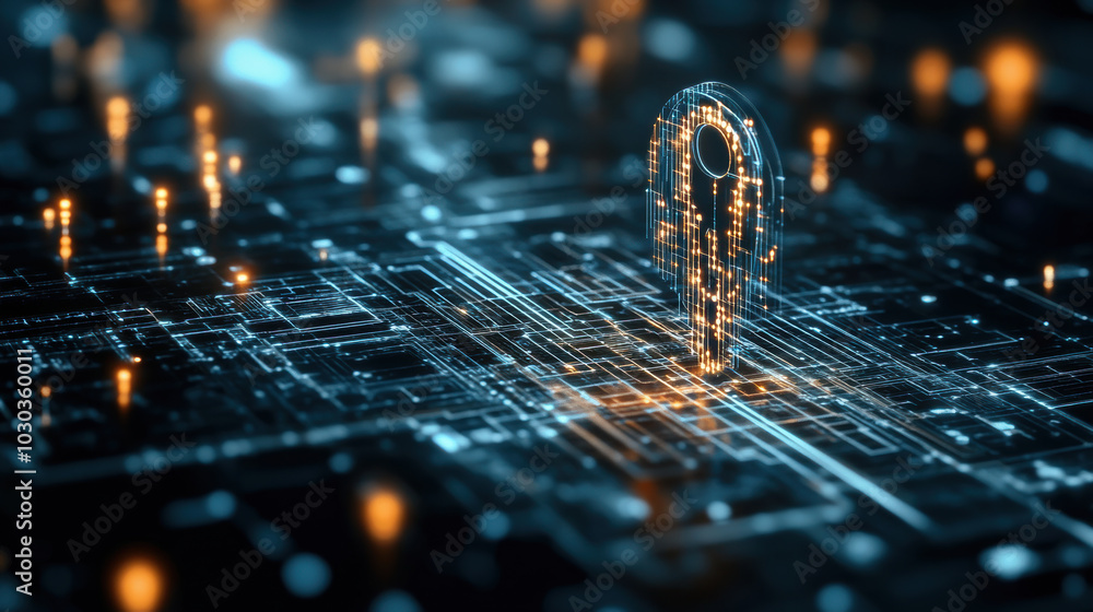 Poster massive digital key floating above sea of glowing circuits, symbolizing security and technology. vib