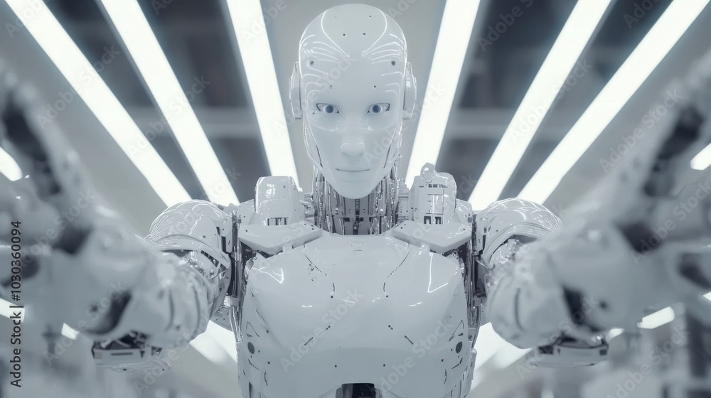 Poster ai-powered management robots in a factory. a humanoid robot with artificial intelligence (ai) overse