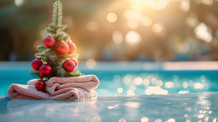 Christmas Tree in Pool with Towel and Ornaments