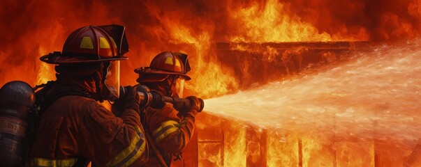 Obraz premium Firefighters skillfully using water hoses to douse a burning building, with intense flames and smoke billowing into the air as they work quickly and professionally.