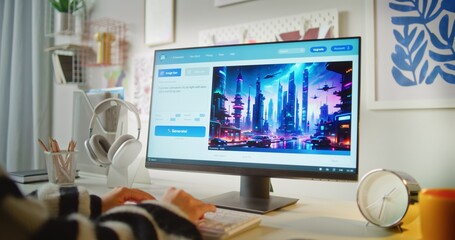 Girl enters text prompt in artificial intelligence software on computer. AI image generator creates...