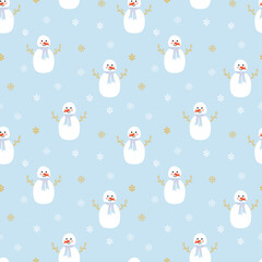 Cute Snowman Seamless Pattern in winter pastel blue holiday background & Simple Snowflake Design, Christmas Repeat Pattern for Fabric, holiday gift wrap, stationery etc.