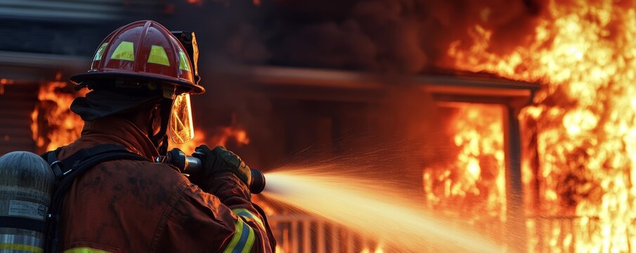 Firefighters skillfully using water hoses to douse a burning building, with intense flames and smoke billowing into the air as they work quickly and professionally.