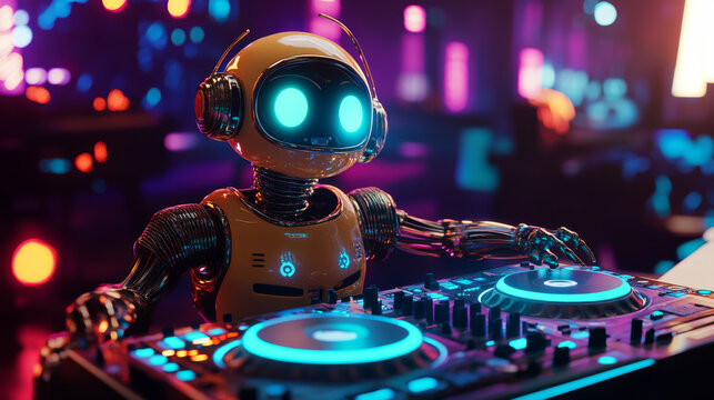 A robot disc jockey at a virtual reality turntable. The cyborg DJ is mixing tracks at a sound station in a nightclub, creating an electrifying atmosphere during a party. Set against the backdrop of an