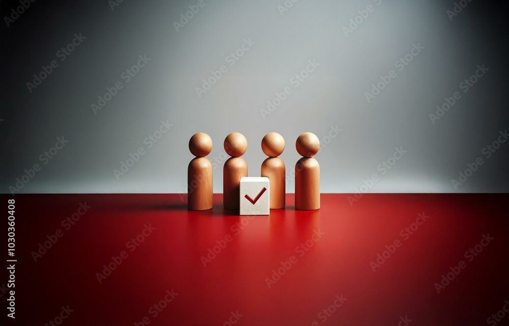 Aufkleber four wooden figures stand in a row, with a white block containing a red checkmark in front of the mi