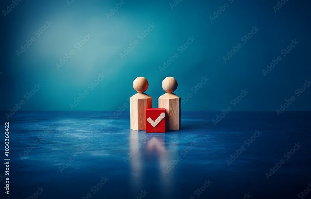 Poster two wooden figures stand on a blue surface with a red block between them. the block has a white chec