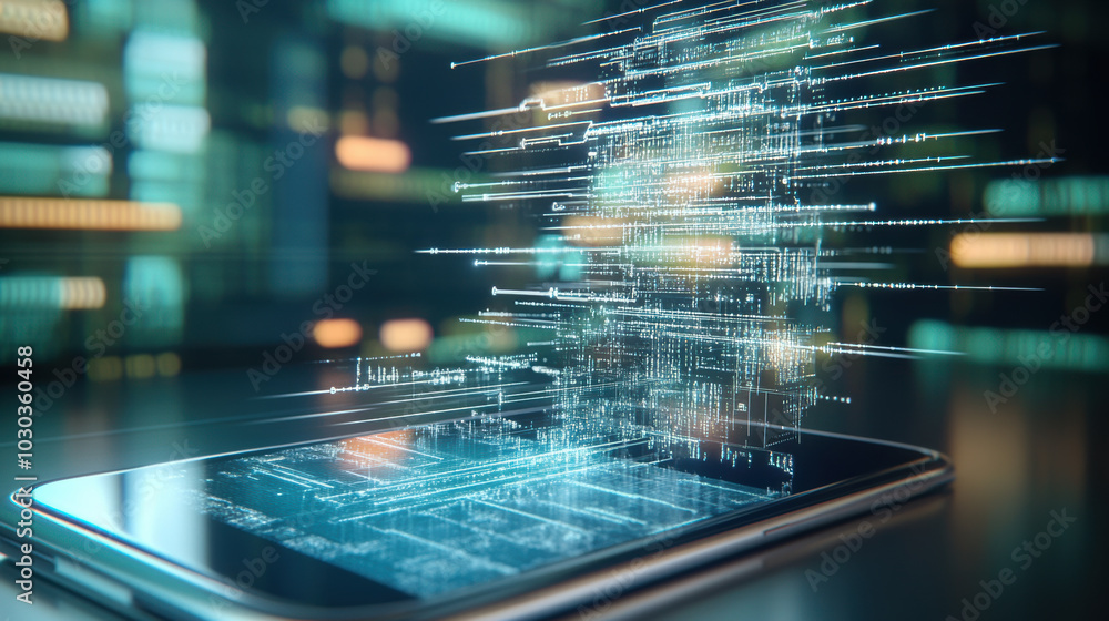 Poster mobile phone displaying digital data streams, symbolizing technology and innovation. futuristic desi