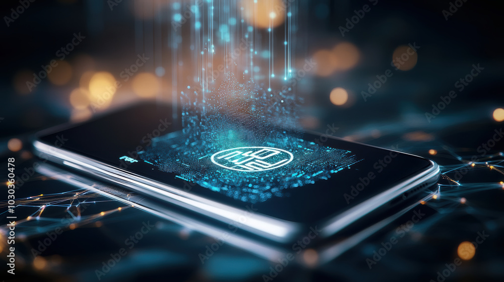 Aufkleber mobile phone displaying digital privacy logo with data streams emanating from it, symbolizing securi
