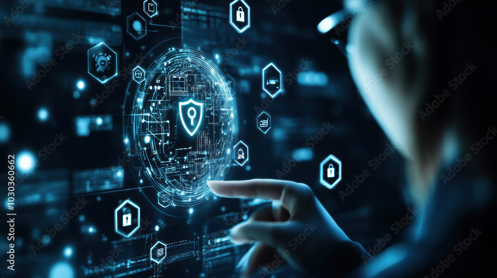 Aufkleber digital security interface with person interacting with glowing icons, representing technology and p