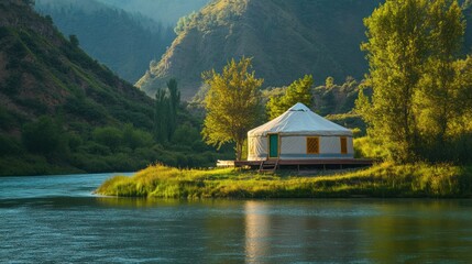 Fototapeta premium Yurts near rivers in Xinjiang, offering a serene setting for relaxation and connection with nature