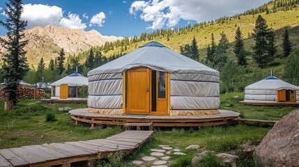 Yurts near the foothills of Xinjiang mountains, providing a blend of adventure and cultural immersion for travelers