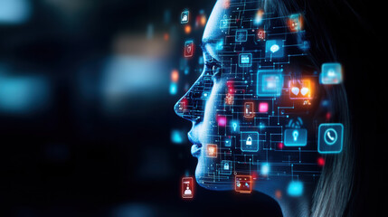 Obraz premium image depicts profile of person with digital overlay of social media icons and technology symbols, representing integration of technology and human interaction