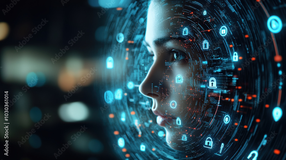 Poster personâ€™s face is surrounded by floating circle of digital icons, representing technology and secur