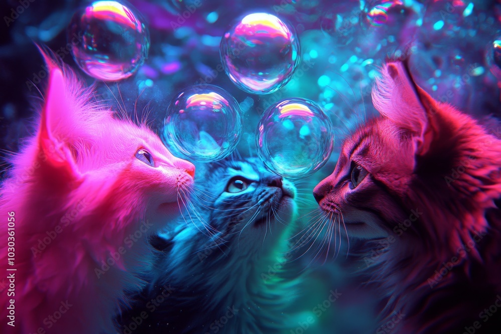 Poster three kittens surrounded by large soap bubbles and glowing neon lights creating a whimsical fantasy 