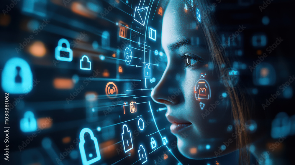 Poster image features persons face illuminated by digital icons and symbols, representing technology and se