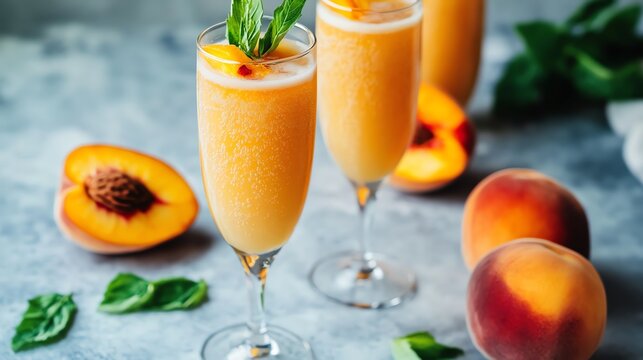 A close-up of a peach bellini cocktail.