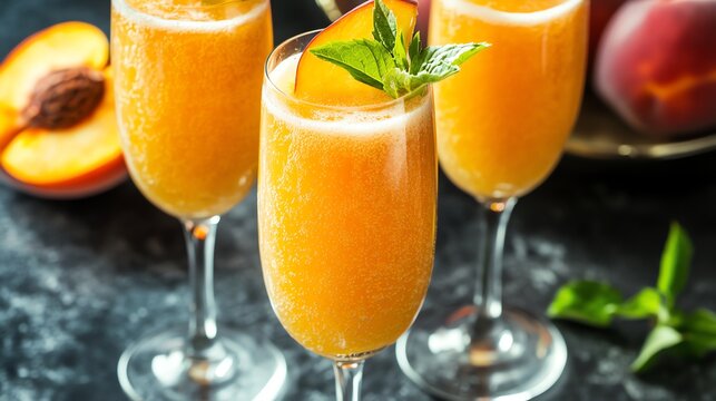 A glass of peach bellini with a peach slice garnish.
