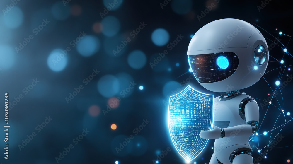 Poster privacy conscious ai robot holds glowing shield, symbolizing security and protection in digital worl