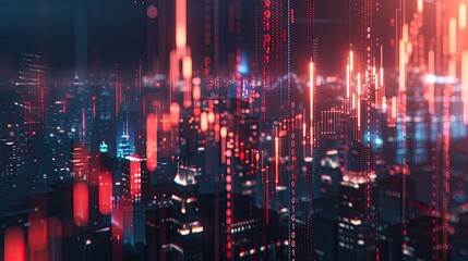 Fototapeta premium Abstract futuristic background with glowing financial graphs and cityscape on a black backdrop, concept of the stock market or business data analytics